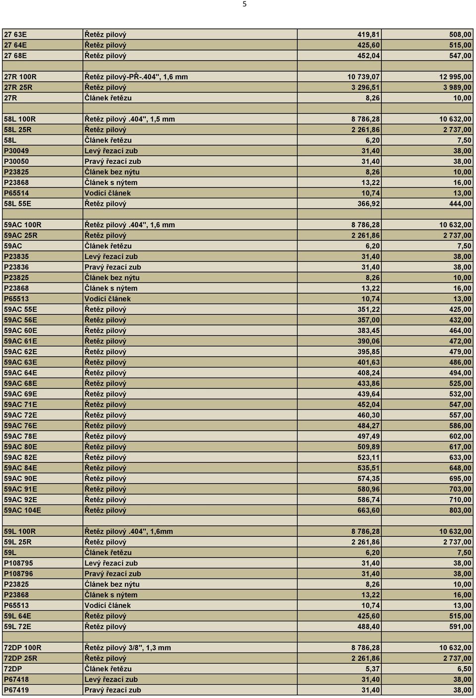 404", 1,5 mm 8 786,28 10 632,00 58L 25R Řetěz pilový 2 261,86 2 737,00 58L Článek řetězu 6,20 7,50 P30049 Levý řezací zub 31,40 38,00 P30050 Pravý řezací zub 31,40 38,00 P23825 Článek bez nýtu 8,26