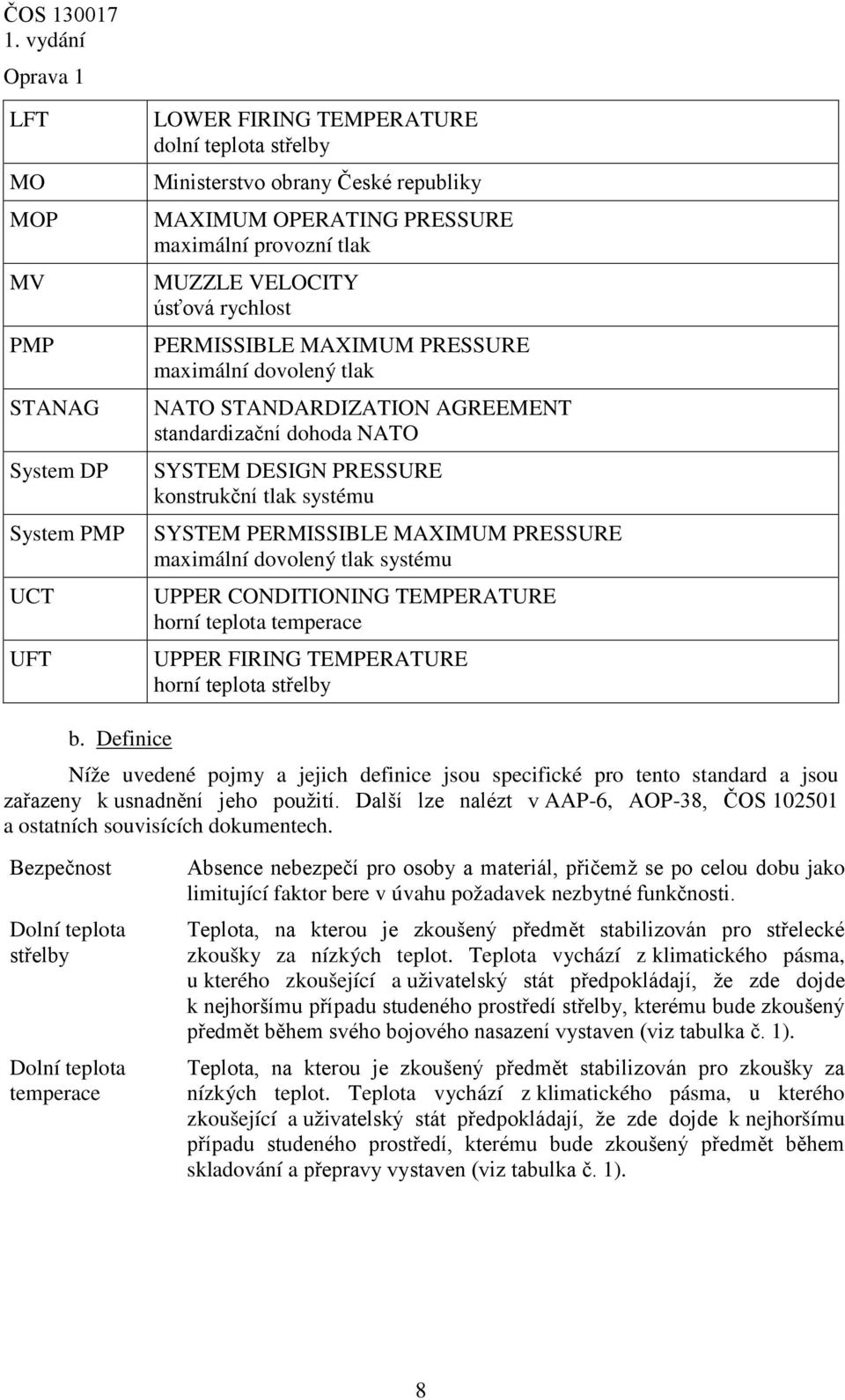 PERMISSIBLE MAXIMUM PRESSURE maximální dovolený tlak systému UPPER CONDITIONING TEMPERATURE horní teplota temperace UPPER FIRING TEMPERATURE horní teplota střelby b.