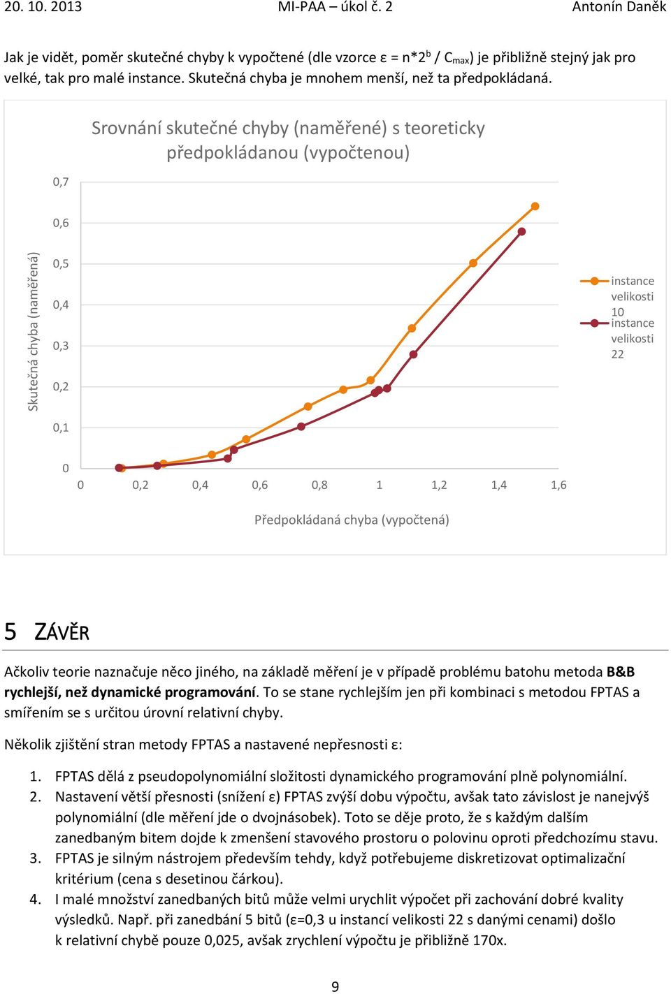 ,7 Srovnání skutečné chyby (naměřené) s teoreticky předpokládanou (vypočtenou),6,5,4,3 instance velikosti 1 instance velikosti 22,2,1,2,4,6,8 1 1,2 1,4 1,6 Předpokládaná (vypočtená) 5 ZÁVĚR Ačkoliv