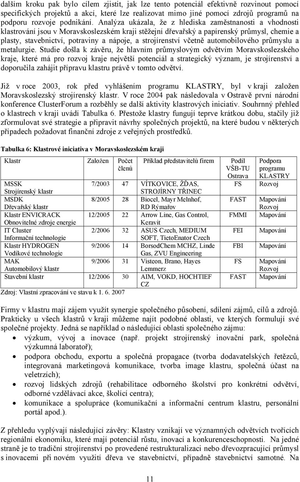 Analýza ukázala, že z hlediska zaměstnanosti a vhodnosti klastrování jsou v Moravskoslezském kraji stěžejní dřevařský a papírenský průmysl, chemie a plasty, stavebnictví, potraviny a nápoje, a