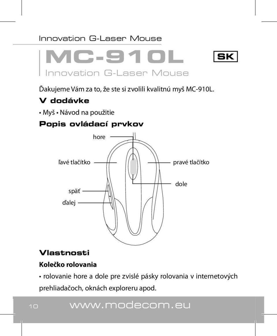 V dodávke Myš Návod na použitie Popis ovládací prvkov hore ľavé tlačítko pravé tlačítko