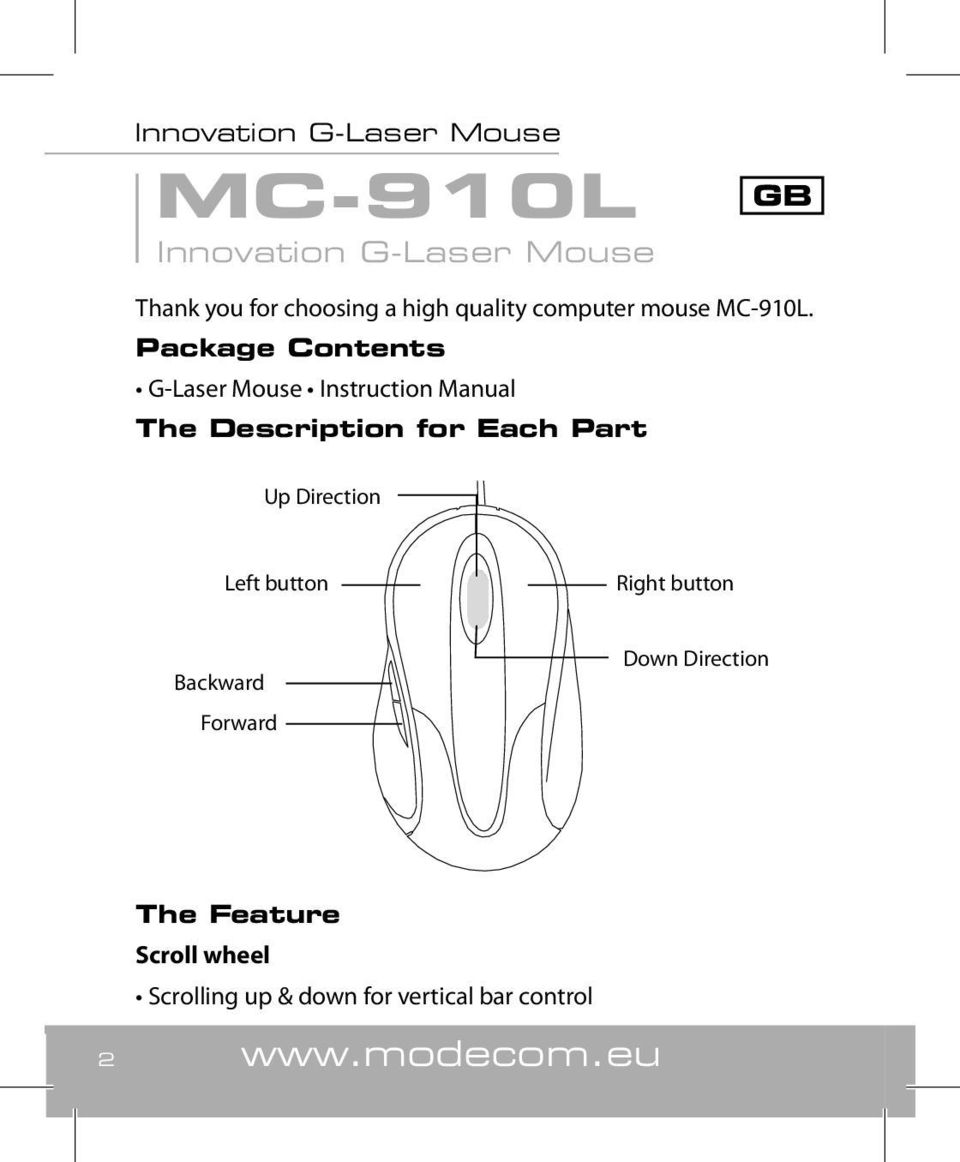 Package Contents G-Laser Mouse Instruction Manual The Description for Each Part Up