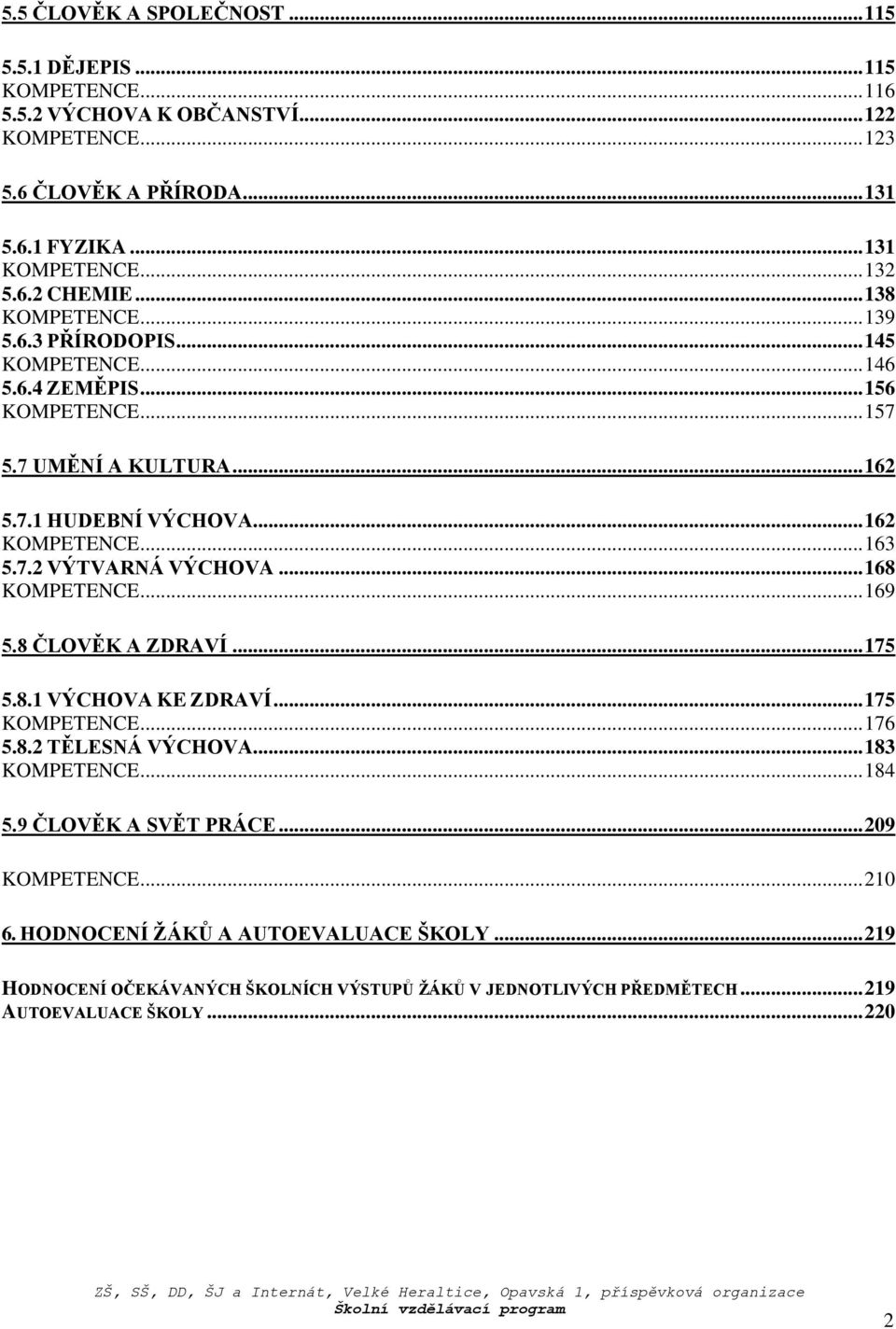 .. 163 5.7.2 VÝTVARNÁ VÝCHOVA... 168 KOMPETENCE... 169 5.8 ČLOVĚK A ZDRAVÍ... 175 5.8.1 VÝCHOVA KE ZDRAVÍ... 175 KOMPETENCE... 176 5.8.2 TĚLESNÁ VÝCHOVA... 183 KOMPETENCE... 184 5.