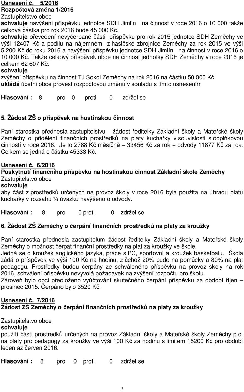 200 Kč do roku 2016 a navýšení příspěvku jednotce SDH Jimlín na činnost v roce 2016 o 10 000 Kč. Takže celkový příspěvek obce na činnost jednotky SDH Zeměchy v roce 2016 je celkem 62 607 Kč.