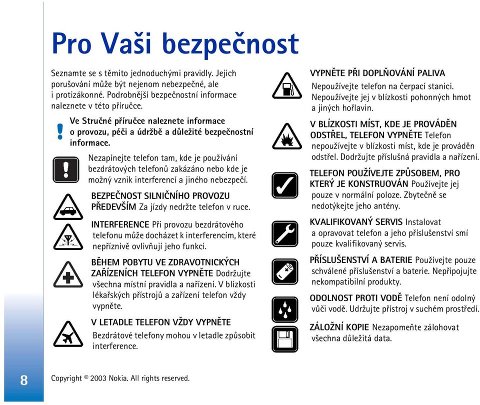 Nezapínejte telefon tam, kde je pou¾ívání bezdrátových telefonù zakázáno nebo kde je mo¾ný vznik interferencí a jiného nebezpeèí.