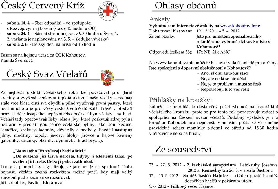 - Dětský den na hřišti od 15 hodin Těším se na hojnou účast, za ČČK Kohoutov, Kamila Švorcová Český Svaz Včelařů Za nejhezčí období včelařského roku lze považovat jaro.