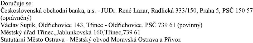 Oldřichovice 143, Třinec - Oldřichovice, PSČ 739 61 (povinný) Městský úřad