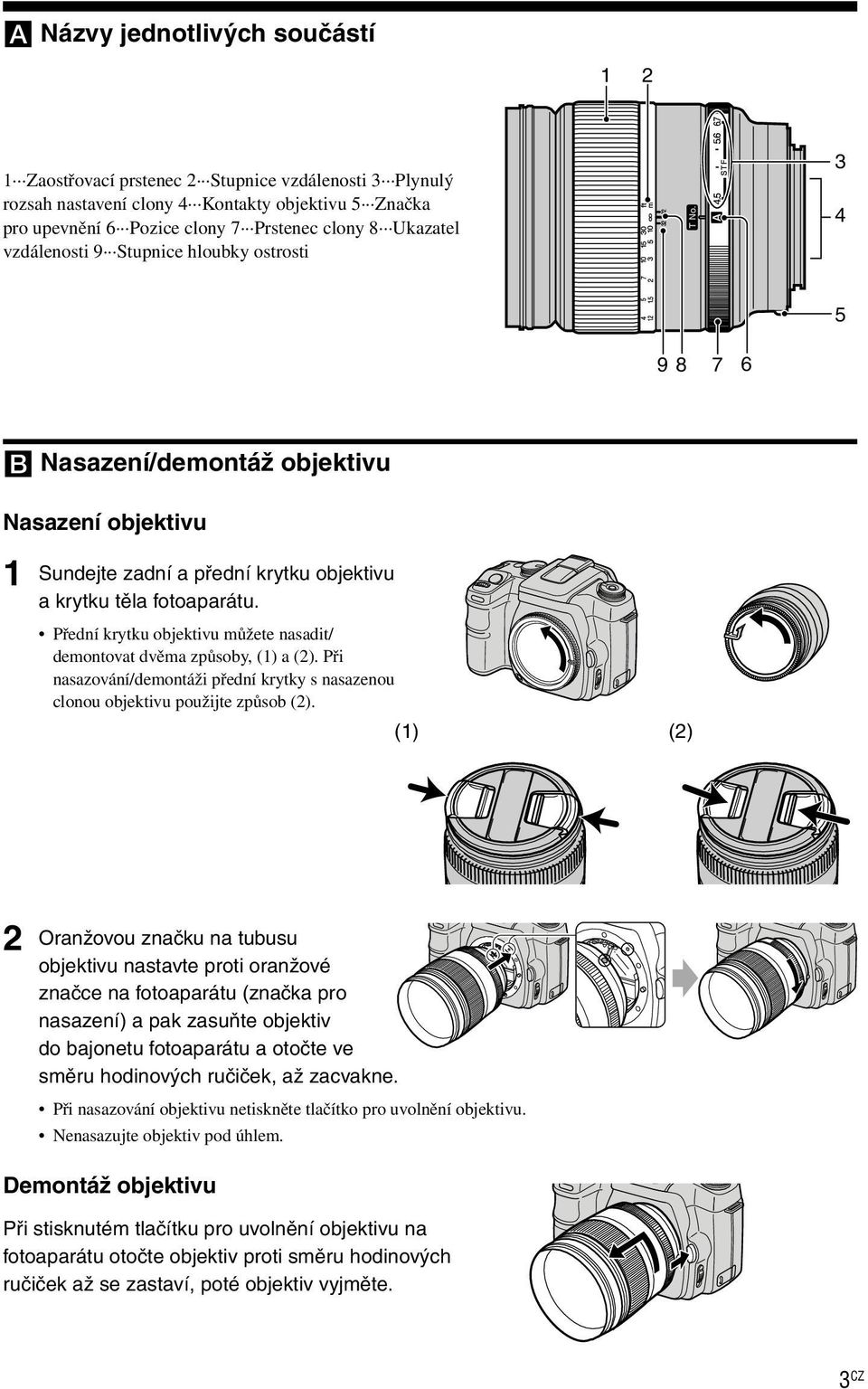 Přední krytku objektivu můžete nasadit/ demontovat dvěma způsoby, (1) a (2). Při nasazování/demontáži přední krytky s nasazenou clonou objektivu použijte způsob (2).