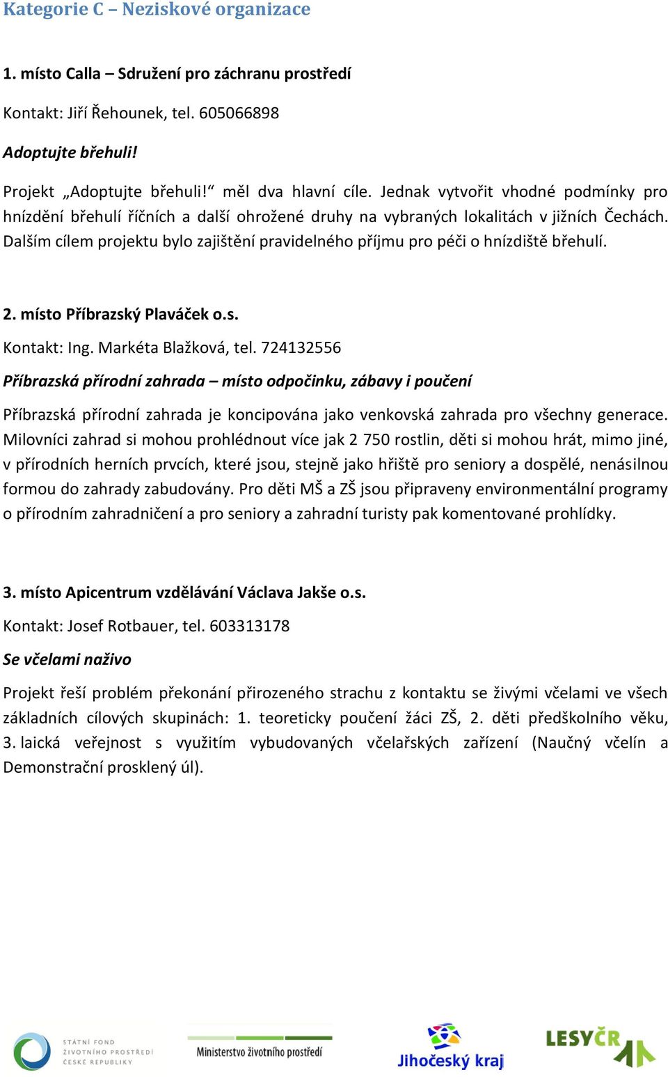 Dalším cílem projektu bylo zajištění pravidelného příjmu pro péči o hnízdiště břehulí. 2. místo Příbrazský Plaváček o.s. Kontakt: Ing. Markéta Blažková, tel.