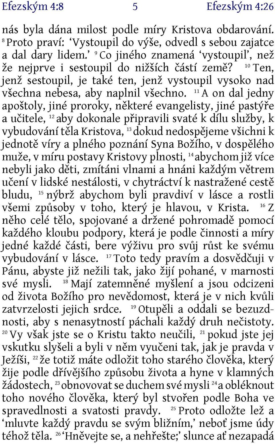 A on dal jedny apoštoly, jiné proroky, některé evangelisty, jiné pastýře a učitele, 2 aby dokonale připravili svaté k dílu služby, k vybudování těla Kristova, 3 dokud nedospějeme všichni k jednotě