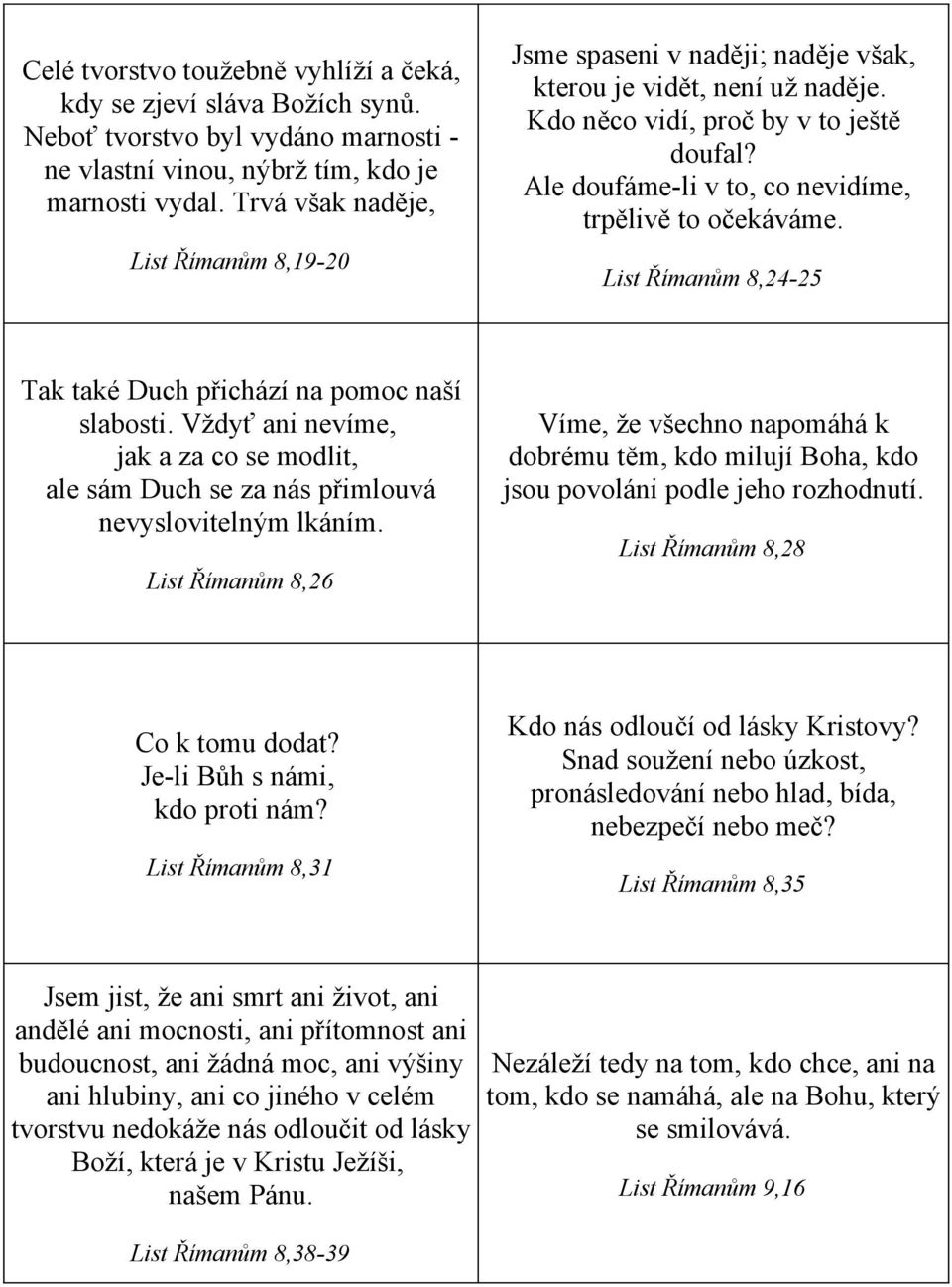 Ale doufáme-li v to, co nevidíme, trpělivě to očekáváme. List Římanům 8,24-25 Tak také Duch přichází na pomoc naší slabosti.