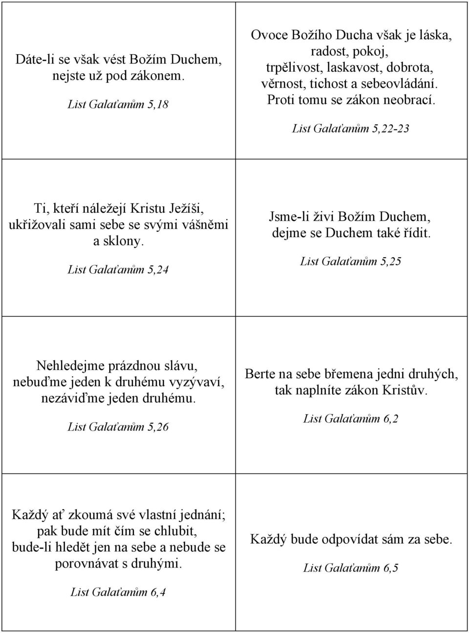 List Galaťanům 5,24 Jsme-li živi Božím Duchem, dejme se Duchem také řídit. List Galaťanům 5,25 Nehledejme prázdnou slávu, nebuďme jeden k druhému vyzývaví, nezáviďme jeden druhému.