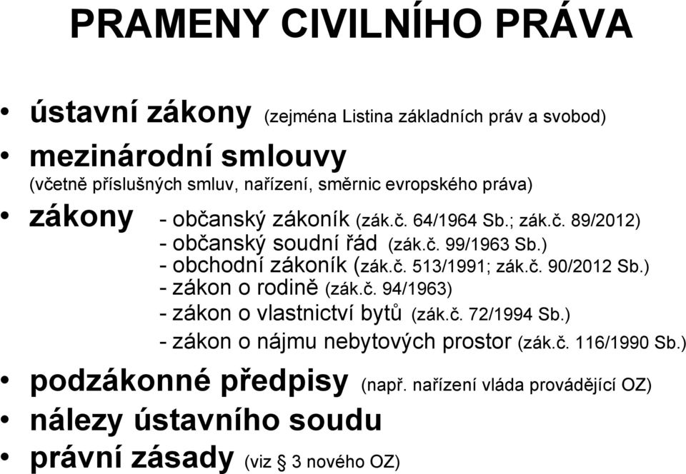 ) - obchodní zákoník (zák.č. 513/1991; zák.č. 90/2012 Sb.) - zákon o rodině (zák.č. 94/1963) - zákon o vlastnictví bytů (zák.č. 72/1994 Sb.