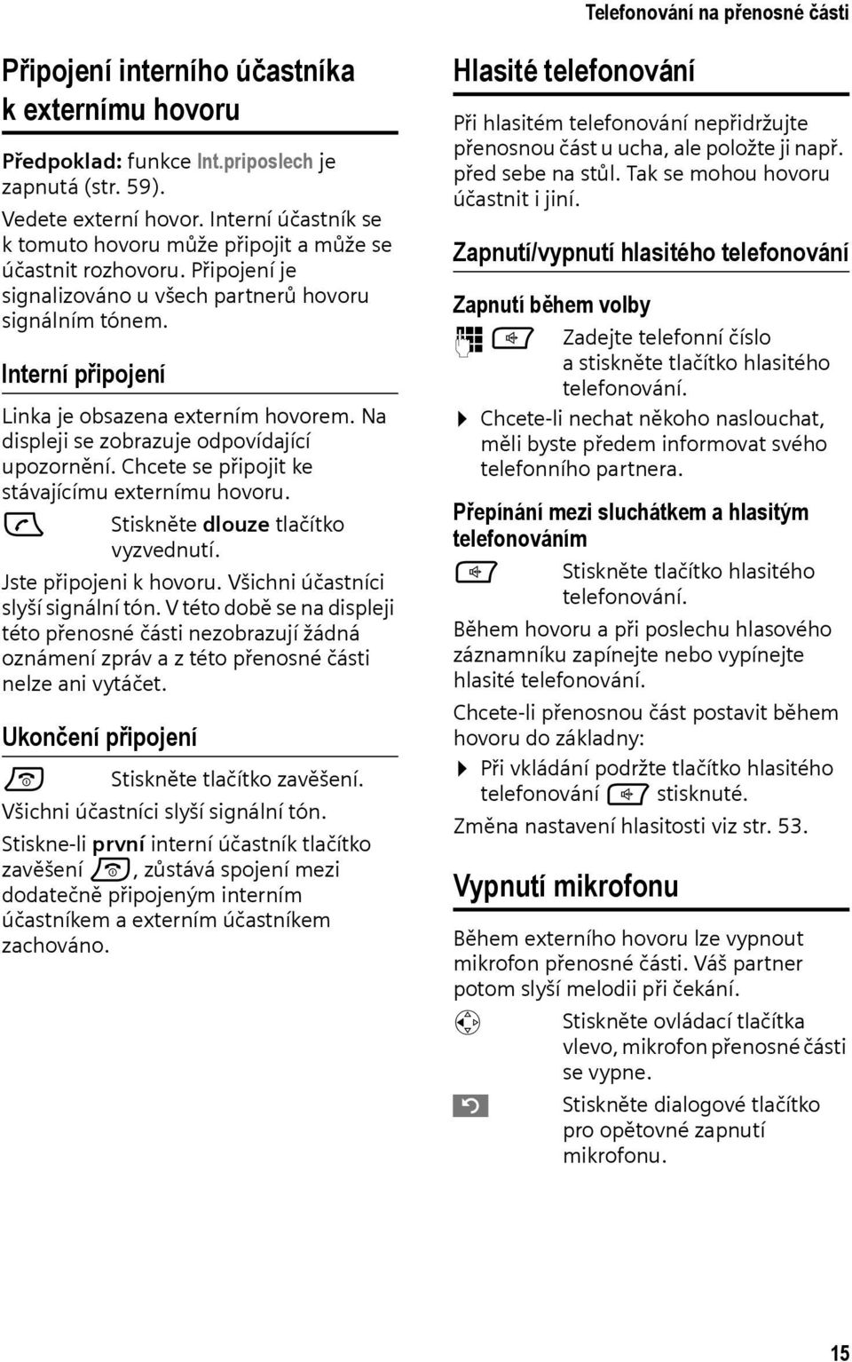 Na displeji se zobrazuje odpovídající upozornění. Chcete se připojit ke stávajícímu externímu hovoru. c Stiskněte dlouze tlačítko vyzvednutí. Jste připojeni k hovoru.