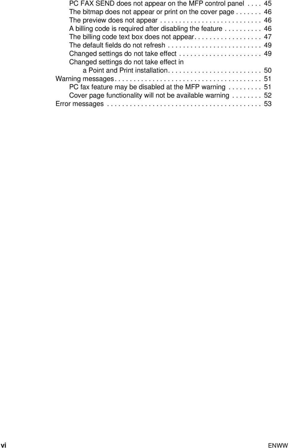 ........................ 49 Changed settings do not take effect...................... 49 Changed settings do not take effect in a Point and Print installation......................... 50 Warning messages.