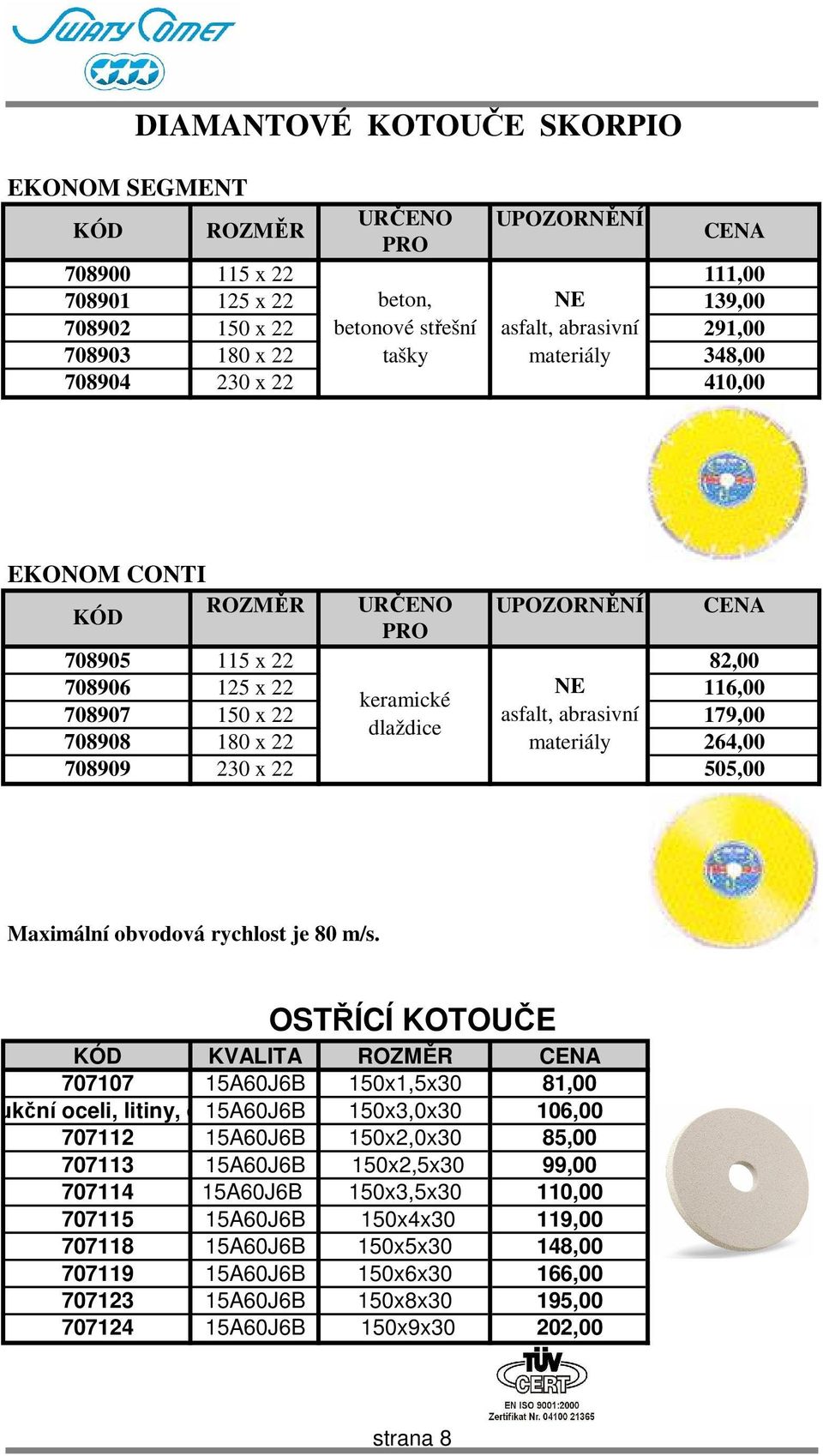 abrasivní 179,00 dlaždice 708908 180 x 22 materiály 264,00 708909 230 x 22 505,00 Maximální obvodová rychlost je 80 m/s.