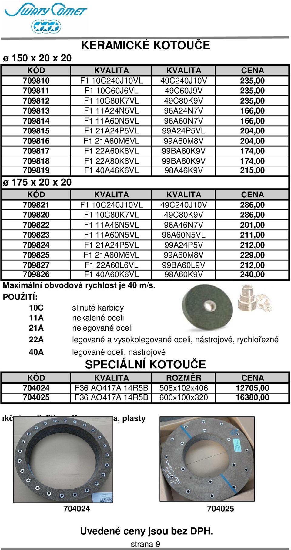 98A46K9V 215,00 ø 175 x 20 x 20 KÓD KVALITA KVALITA CENA 709821 F1 10C240J10VL 49C240J10V 286,00 709820 F1 10C80K7VL 49C80K9V 286,00 709822 F1 11A46N5VL 96A46N7V 201,00 709823 F1 11A60N5VL 96A60N5VL