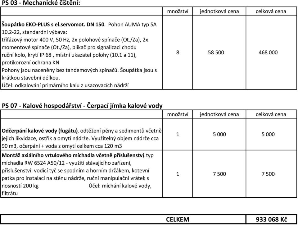 Využitelný objem nádrže cca 90 m3, očerpání + voda z omytí celkem cca 120 m3 Montáž axiálního vrtulového míchadla včetně příslušenství, typ míchadla RW 6524 A50/12 -