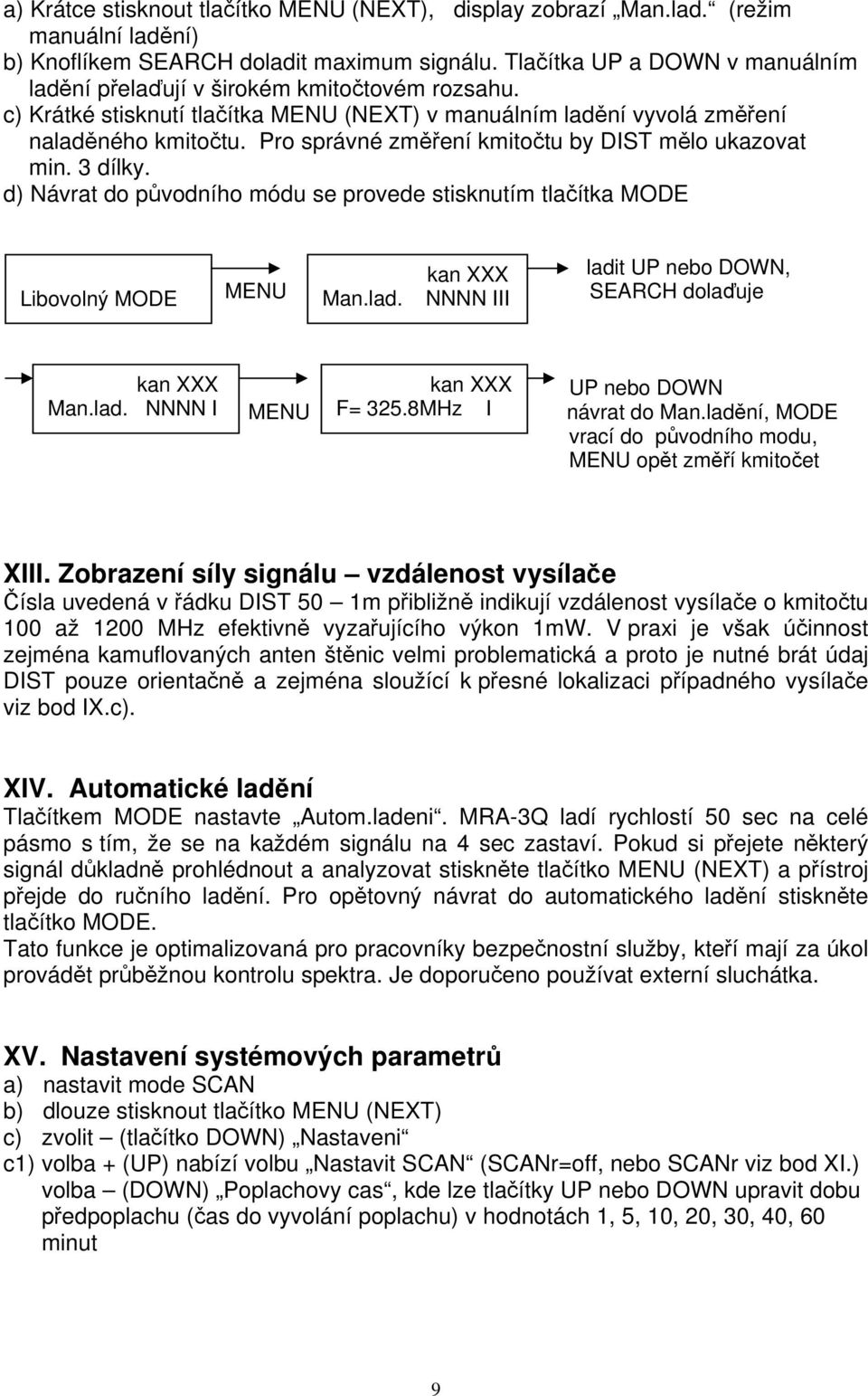 Pro správné změření kmitočtu by DIST mělo ukazovat min. 3 dílky. d) Návrat do původního módu se provede stisknutím tlačítka MODE Libovolný MODE MENU Man.lad.