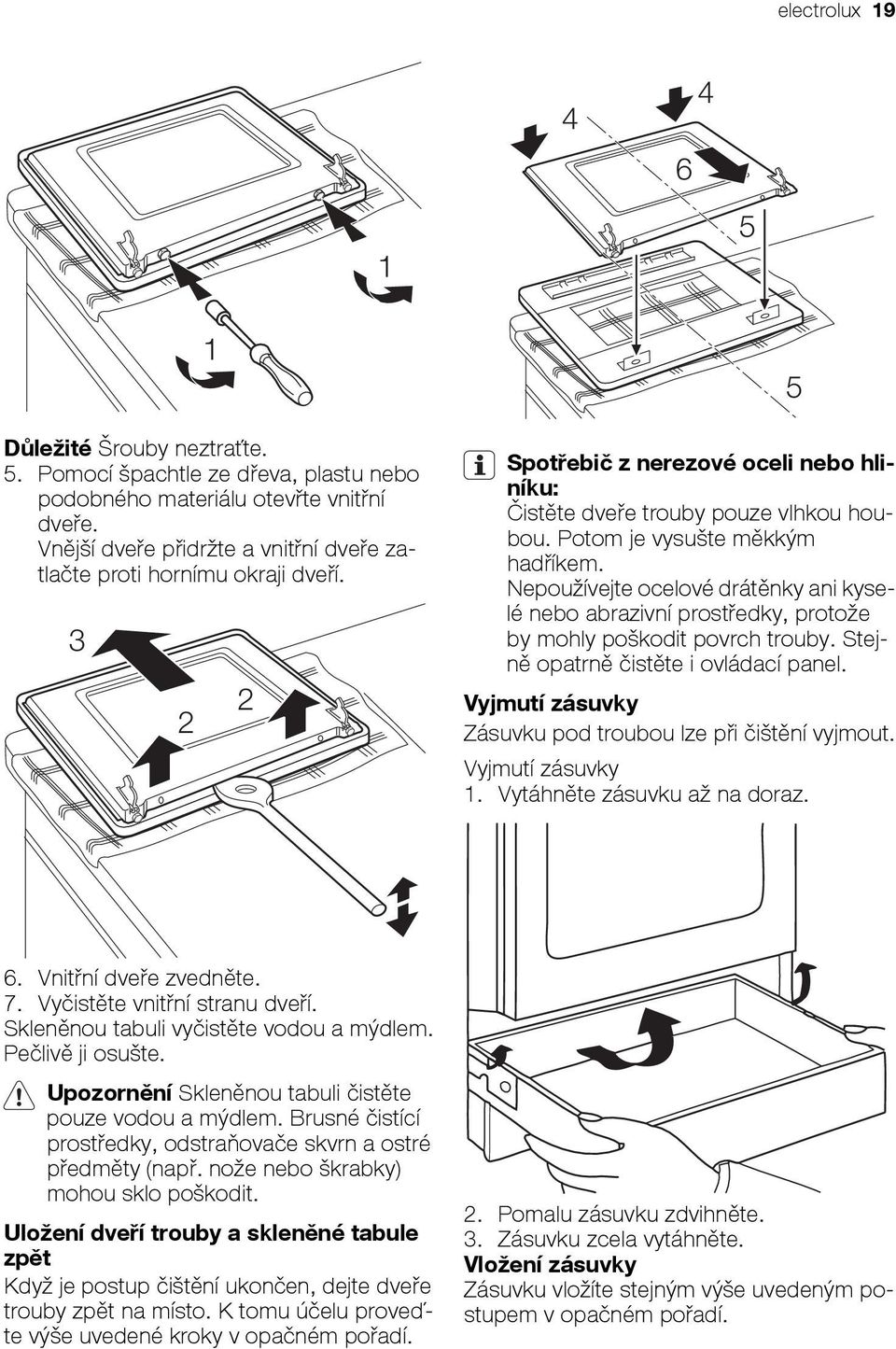 Nepoužívejte ocelové drátěnky ani kyselé nebo abrazivní prostředky, protože by mohly poškodit povrch trouby. Stejně opatrně čistěte i ovládací panel.