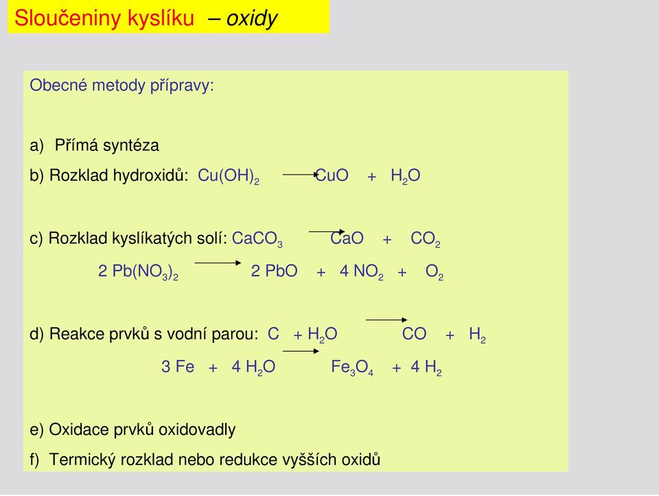 3 ) 2 2 PbO + 4 NO 2 + O 2 d) Reakce prvků s vodní parou: C + H 2 O CO + H 2 3 Fe + 4