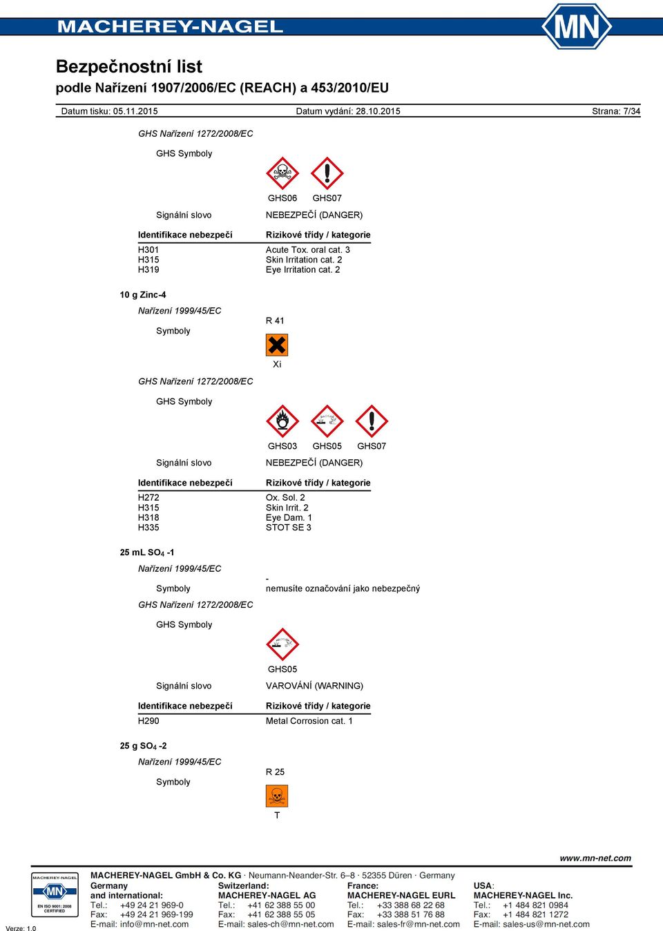 2 10 g Zinc4 R 41 Xi GHS03 GHS05 GHS07 Signální slovo NEBEZPEČÍ (DANGER) Identifikace nebezpečí H272 Ox. Sol. 2 H315 Skin Irrit.