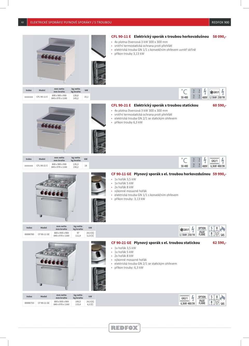 00 mm vnitřní termostatická ochrana proti přehřátí elektrická trouba GN 2/1 se statickým ohřevem př í kon trouby 6, 60 590,- xxxxxxxx CFL 90-21 E 15, 150,2 18 CF 90-11 GE Plynový sporák s el.