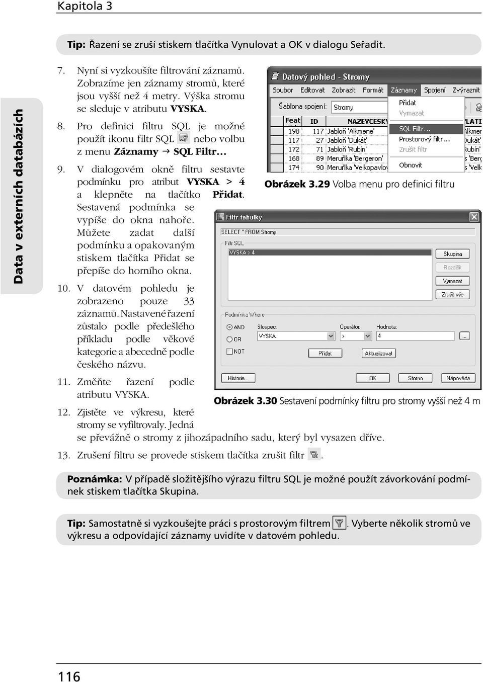 V dialogovém okně filtru sestavte podmínku pro atribut VYSKA > 4 Obrázek 3.29 Volba menu pro definici filtru a klepněte na tlačítko Přidat. Sestavená podmínka se vypíše do okna nahoře.