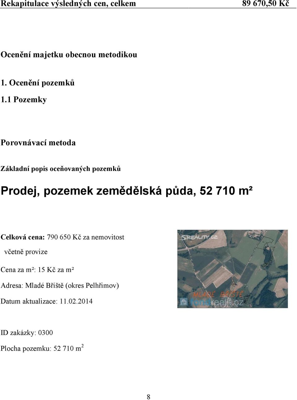 1 Pozemky Porovnávací metoda Základní popis oceňovaných pozemků Prodej, pozemek zemědělská půda, 52