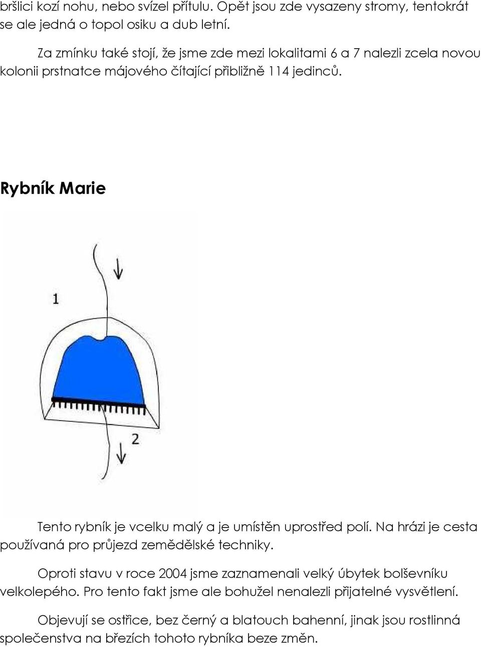 Rybník Marie Tento rybník je vcelku malý a je umístěn uprostřed polí. Na hrázi je cesta používaná pro průjezd zemědělské techniky.