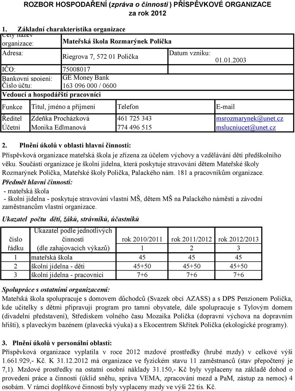 343 774 496 515 2. Plnění úkolů v oblasti hlavní činnosti: Příspěvková organizace mateřská škola je zřízena za účelem výchovy a vzdělávání dětí předškolního věku.