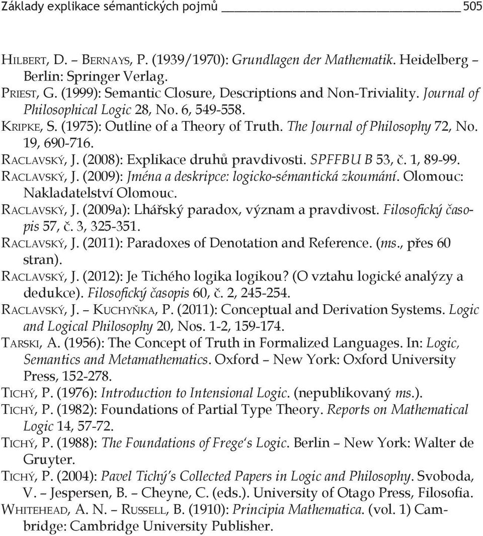 19, 690-716. Raclavský, J. (2008): Explikace druhů pravdivosti. SPFFBU B 53, č. 1, 89-99. Raclavský, J. (2009): Jména a deskripce: logicko-sémantická zkoumání. Olomouc: Nakladatelství Olomouc.