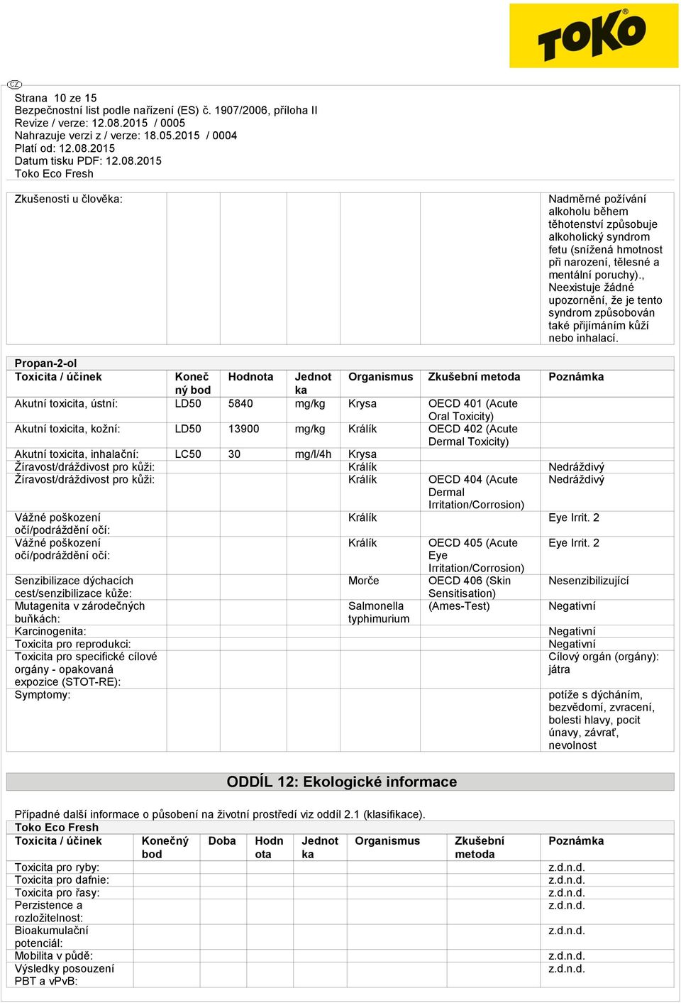 Propan-2-ol Toxicita / účinek Koneč Hodnota Jednot Organismus Zkušební metoda Poznámka ný bod ka Akutní toxicita, ústní: LD50 5840 mg/kg Krysa OECD 401 (Acute Oral Toxicity) Akutní toxicita, kožní: