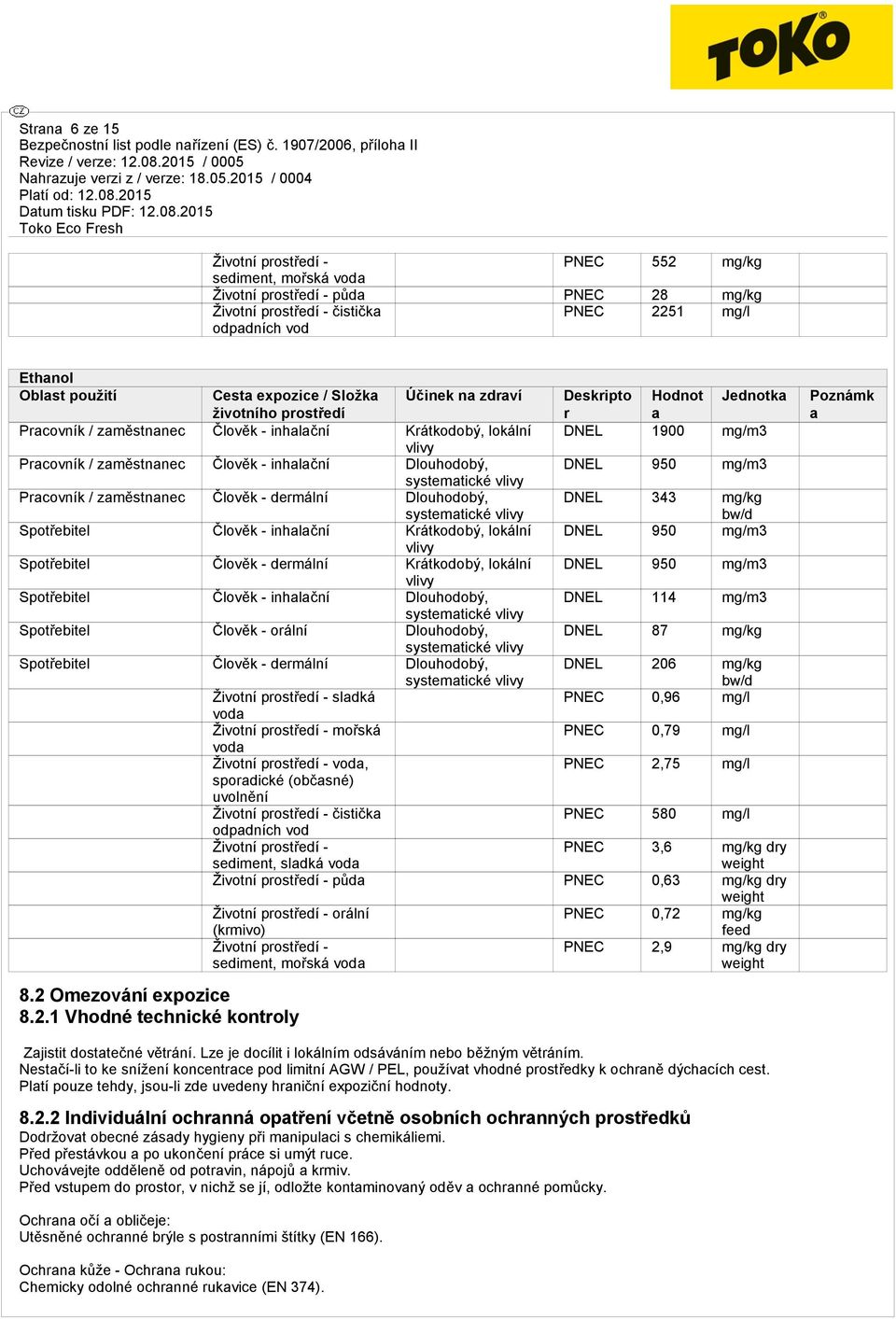 Člověk - inhalační Dlouhodobý, DNEL 950 mg/m3 systematické vlivy Pracovník / zaměstnanec Člověk - dermální Dlouhodobý, DNEL 343 mg/kg systematické vlivy bw/d Spotřebitel Člověk - inhalační