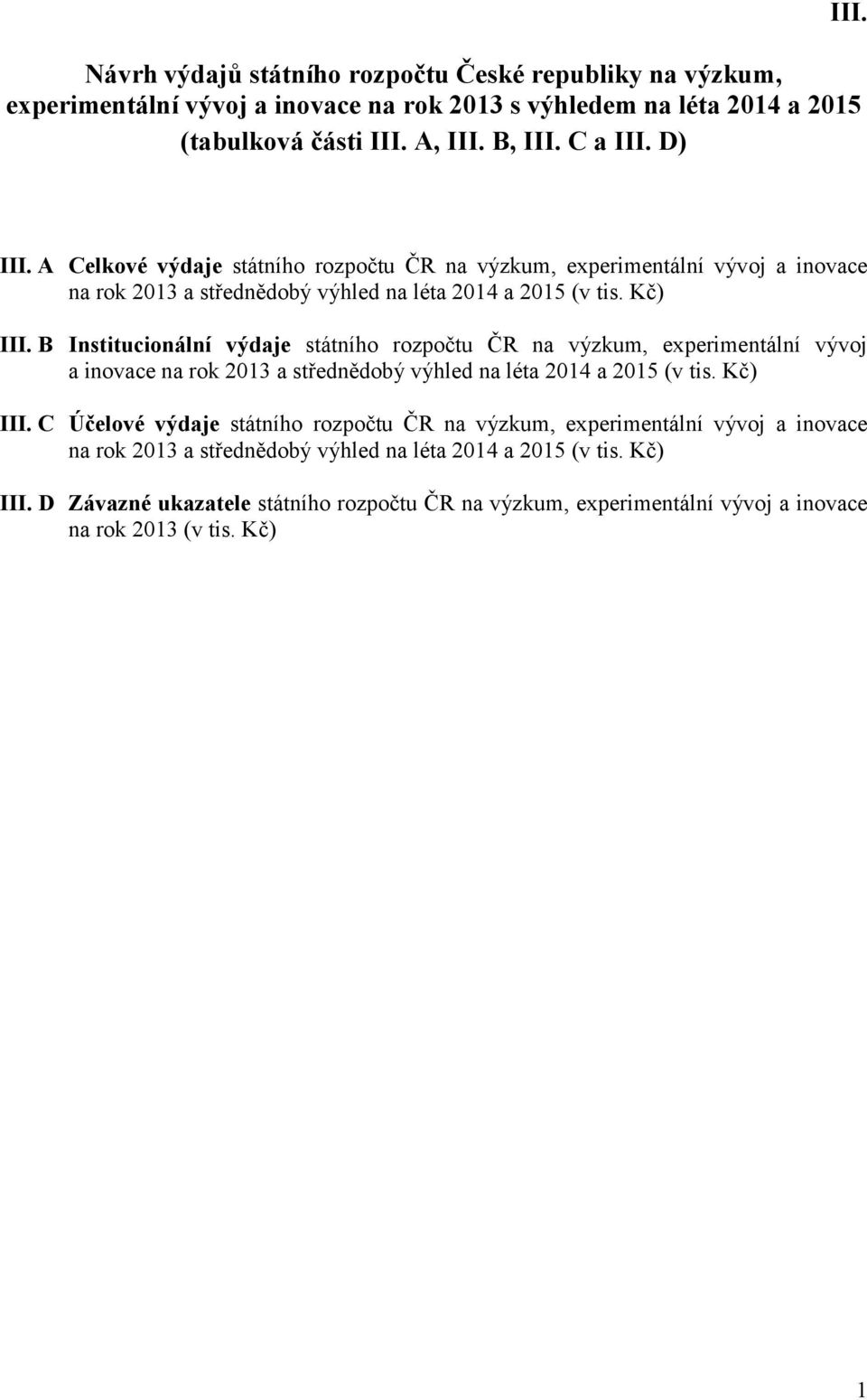 B Institucionální výdaje státního rozpočtu ČR na výzkum, experimentální vývoj a inovace na rok 2013 a střednědobý výhled na léta 2014 a 2015 (v tis. Kč) III.