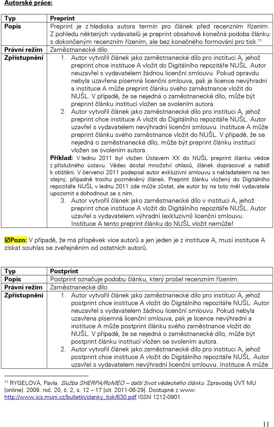 Autor vytvořil článek jako zaměstnanecké dílo pro instituci A, jehož preprint chce instituce A vložit do Digitálního repozitáře NUŠL. Autor neuzavřel s vydavatelem žádnou licenční smlouvu.