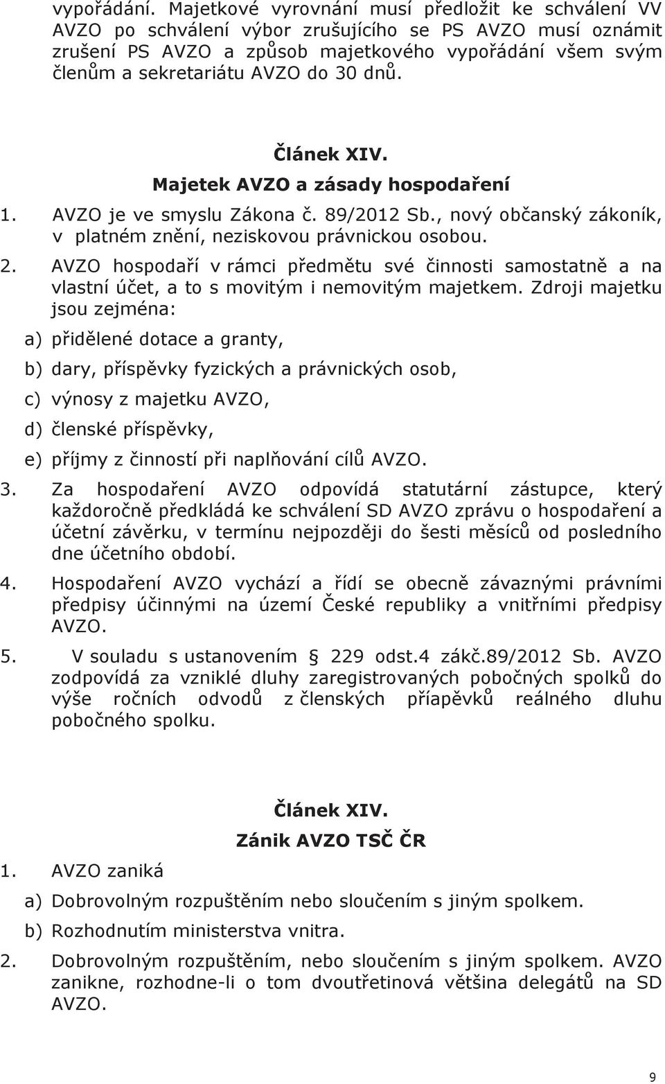 30 dnů. Článek XIV. Majetek AVZO a zásady hospodaření 1. AVZO je ve smyslu Zákona č. 89/2012 Sb., nový občanský zákoník, v platném znění, neziskovou právnickou osobou. 2.