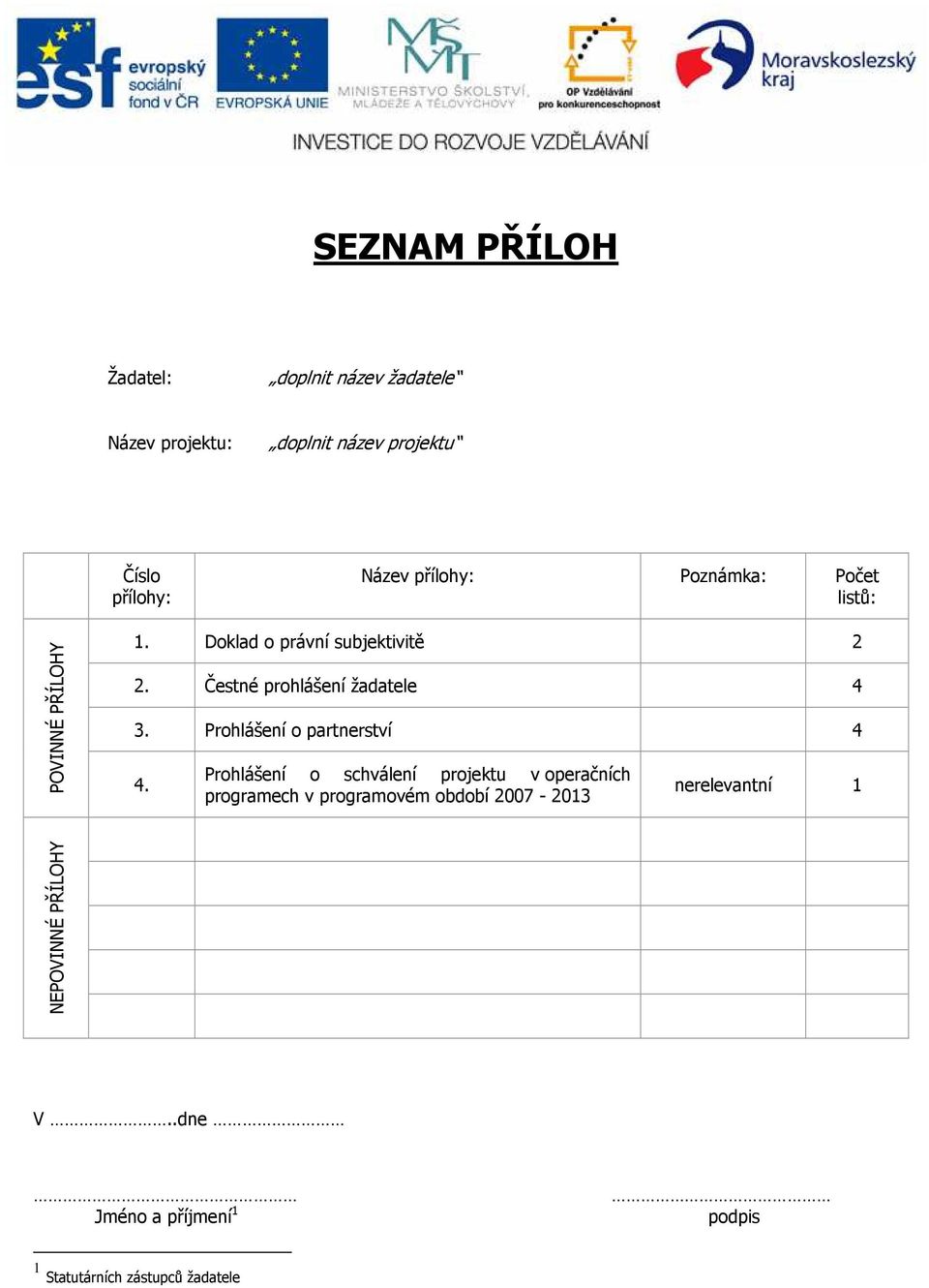 Čestné prohlášení žadatele 4 3. Prohlášení o partnerství 4 4.