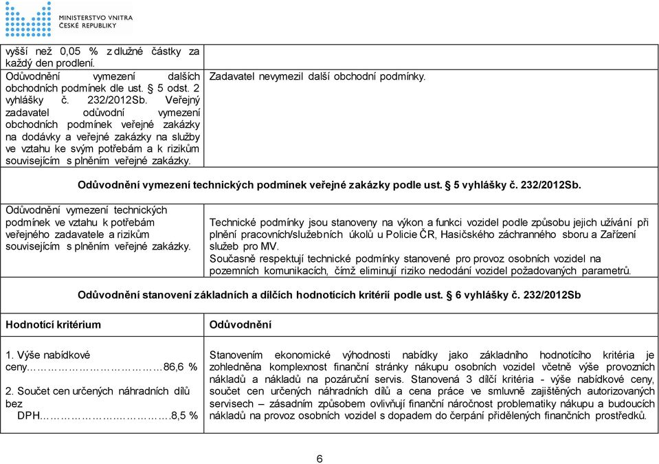 Zadavatel nevymezil další obchodní podmínky. Odůvodnění vymezení technických podmínek veřejné zakázky podle ust. 5 vyhlášky č. 232/2012Sb.