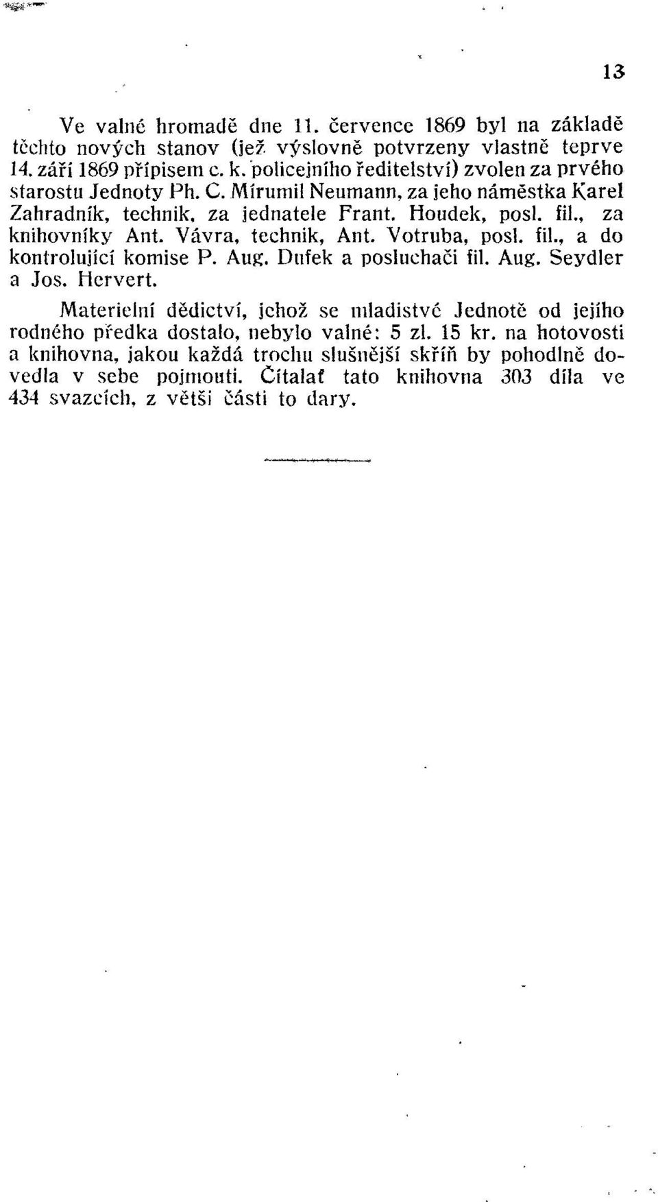 Vávra, technik, Ant. Votruba, posl. fil., a do kontrolující komise P. Aug. Dufek a posluchači fil. Aug. Seydler a Jos. Hervert.