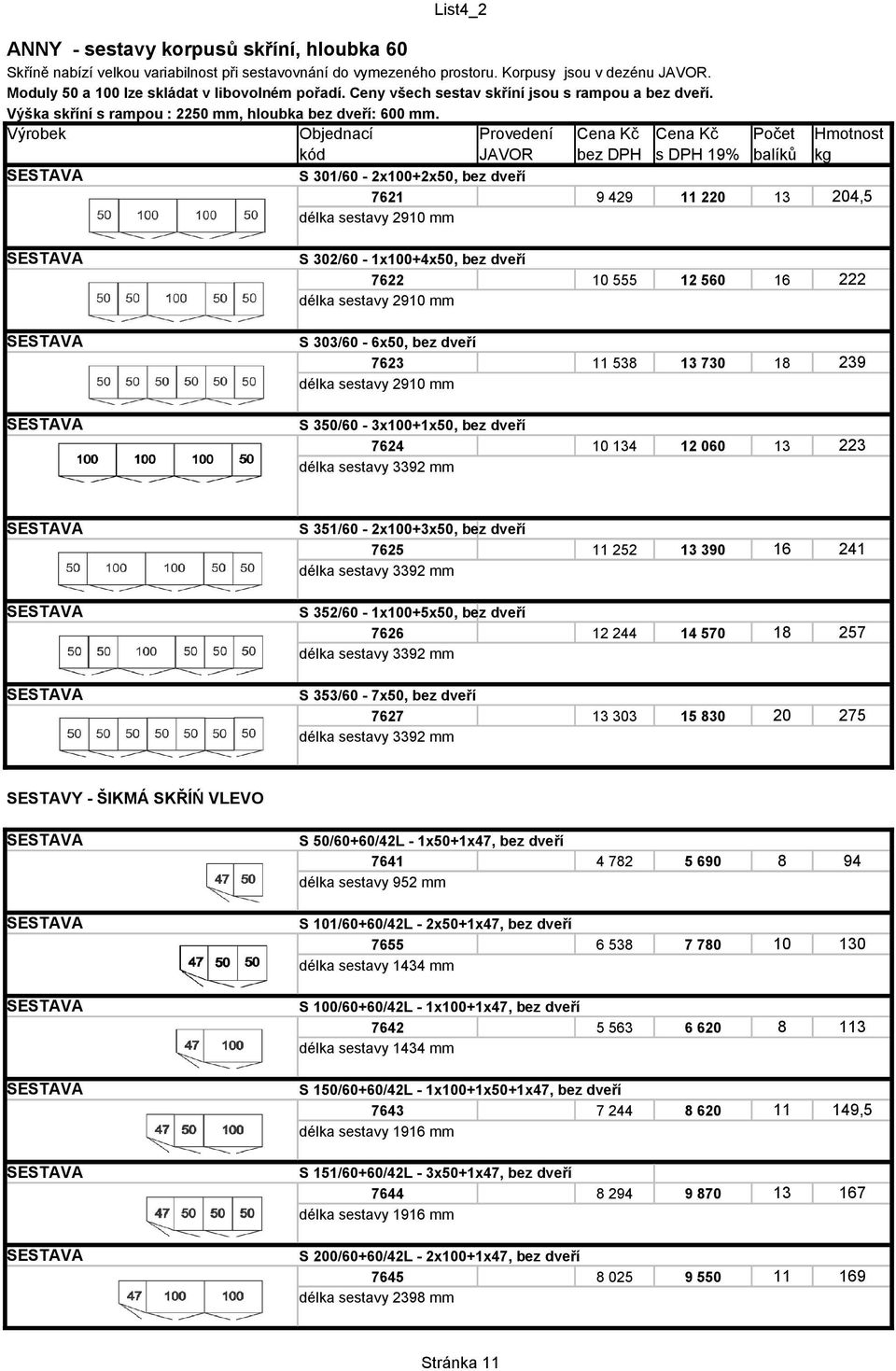 kód JAVOR bez DPH s DPH 19% balíků kg S 301/60-2x100+2x50, bez dveří 7621 9 429 11 220 13 204,5 délka sestavy 2910 mm S 302/60-1x100+4x50, bez dveří 7622 10 555 12 560 16 222 délka sestavy 2910 mm S
