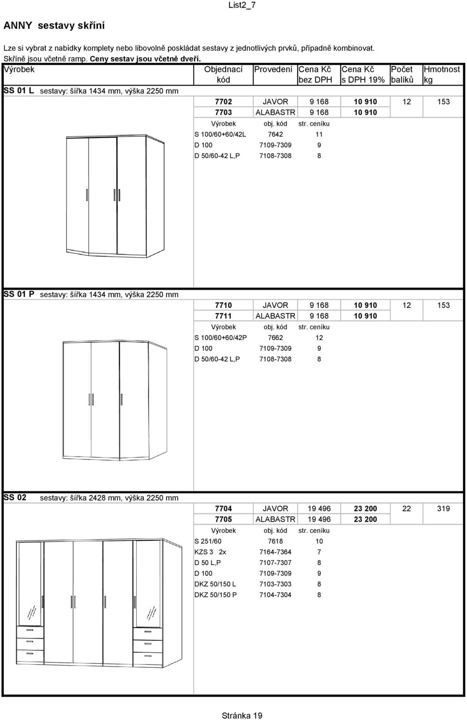 šířka 1434 mm, výška 2250 mm 7710 JAVOR 9 168 10 910 12 153 7711 ALABASTR 9 168 10 910 S 100/60+60/42P 7662 12 D 100 7109-7309 9 D 50/60-42 L,P 7108-7308 8 SS 02 sestavy: šířka 2428 mm, výška