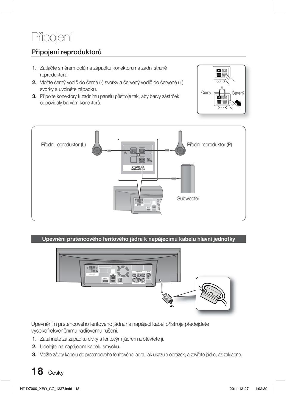 Černý Červený Přední reproduktor (L) Přední reproduktor (P) Subwoofer Upevnění prstencového feritového jádra k napájecímu kabelu hlavní jednotky Upevněním prstencového feritového jádra na napájecí