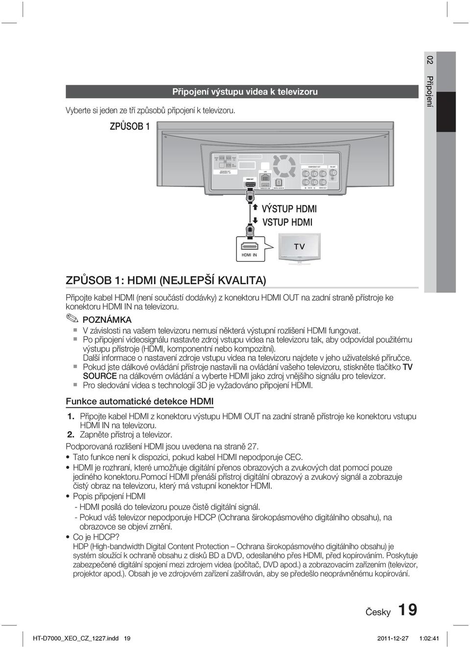 přístroje ke konektoru HDMI IN na televizoru. V závislosti na vašem televizoru nemusí některá výstupní rozlišení HDMI fungovat.