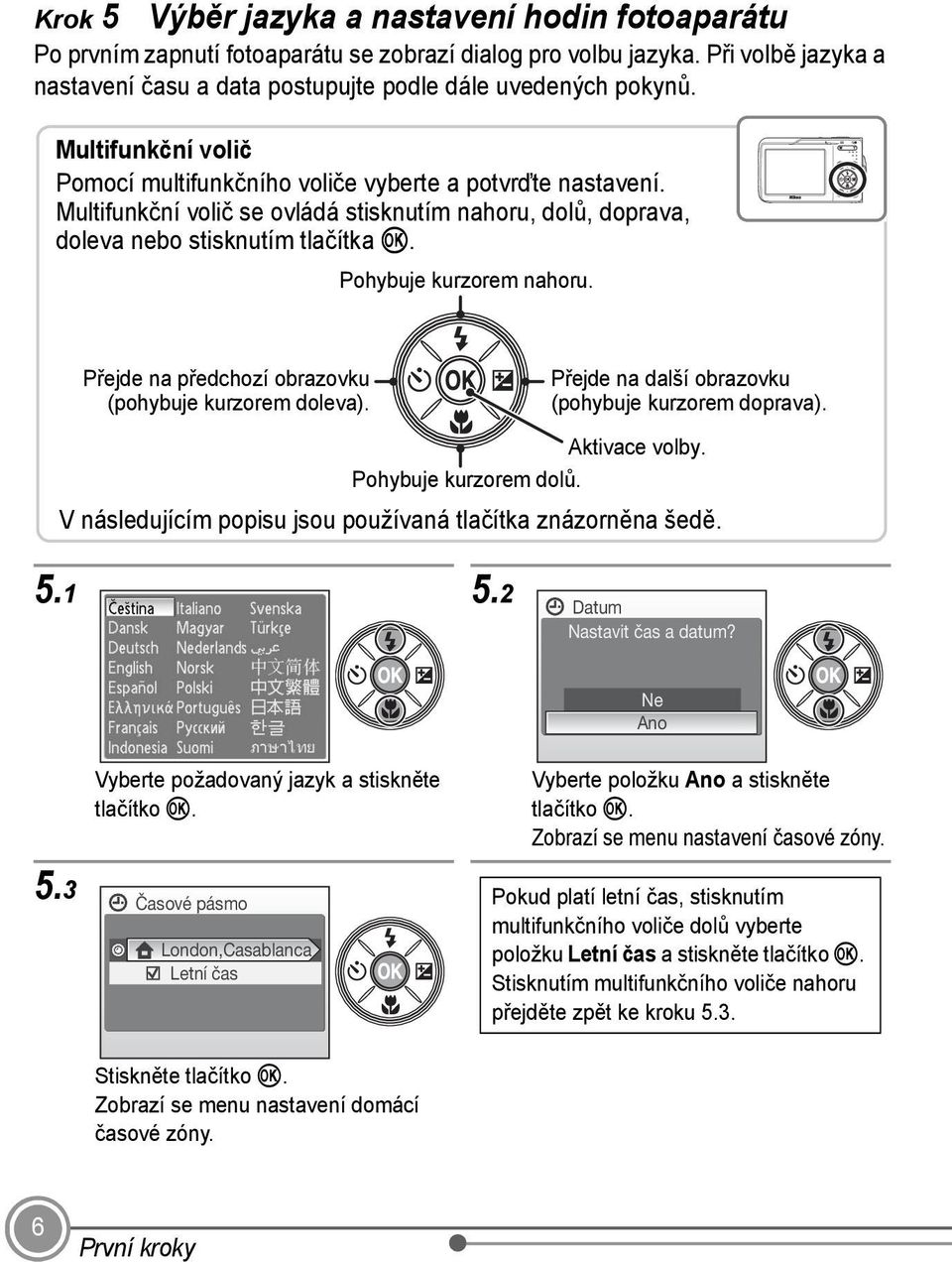 Pohybuje kurzorem nahoru. Přejde na předchozí obrazovku (pohybuje kurzorem doleva). Přejde na další obrazovku (pohybuje kurzorem doprava). Aktivace volby. Pohybuje kurzorem dolů.