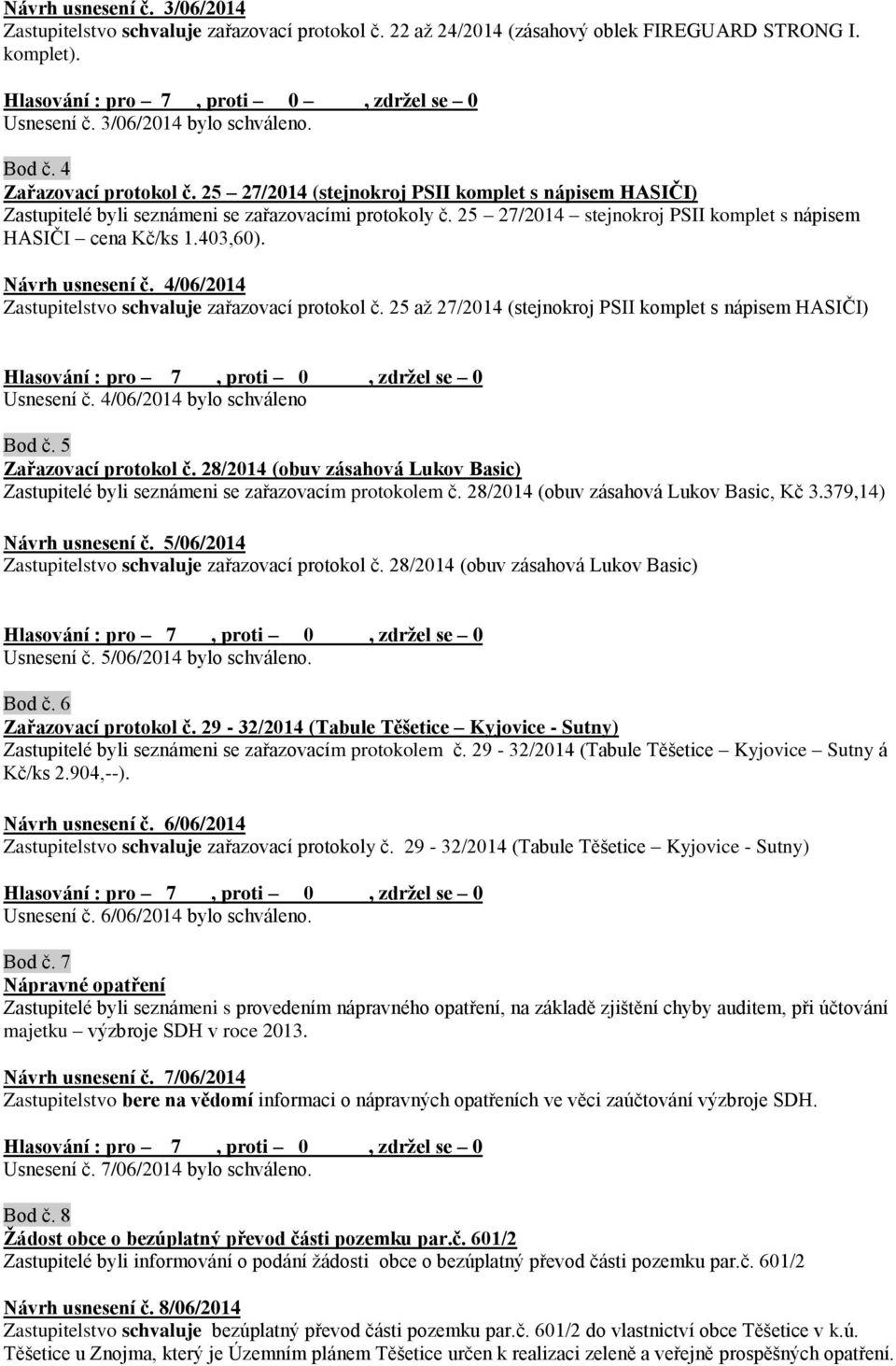 25 27/2014 stejnokroj PSII komplet s nápisem HASIČI cena Kč/ks 1.403,60). Návrh usnesení č. 4/06/2014 Zastupitelstvo schvaluje zařazovací protokol č.