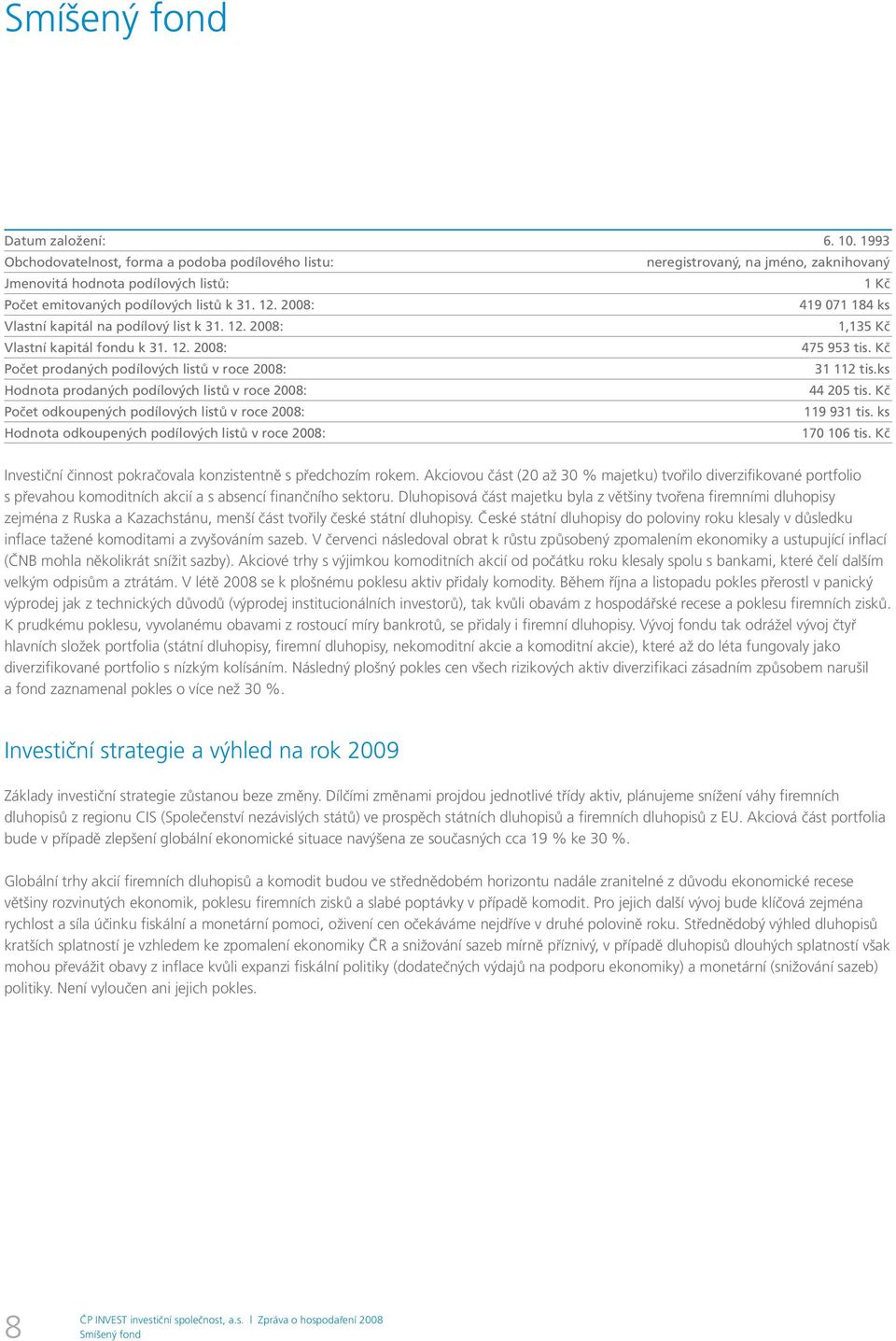 2008: 419 071 184 ks Vlastní kapitál na podílový list k 31. 12. 2008: 1,135 Kč Vlastní kapitál fondu k 31. 12. 2008: 475 953 Počet prodaných podílových listů v roce 2008: 31 112 tis.