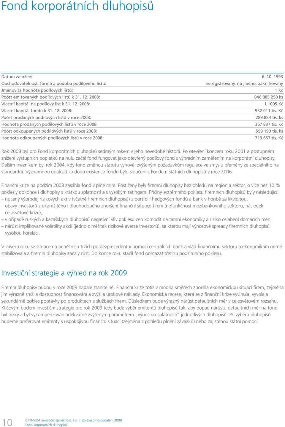 2008: 846 885 250 ks Vlastní kapitál na podílový list k 31. 12. 2008: 1,1005 Kč Vlastní kapitál fondu k 31. 12. 2008: 932 011 Počet prodaných podílových listů v roce 2008: 289 884 tis.