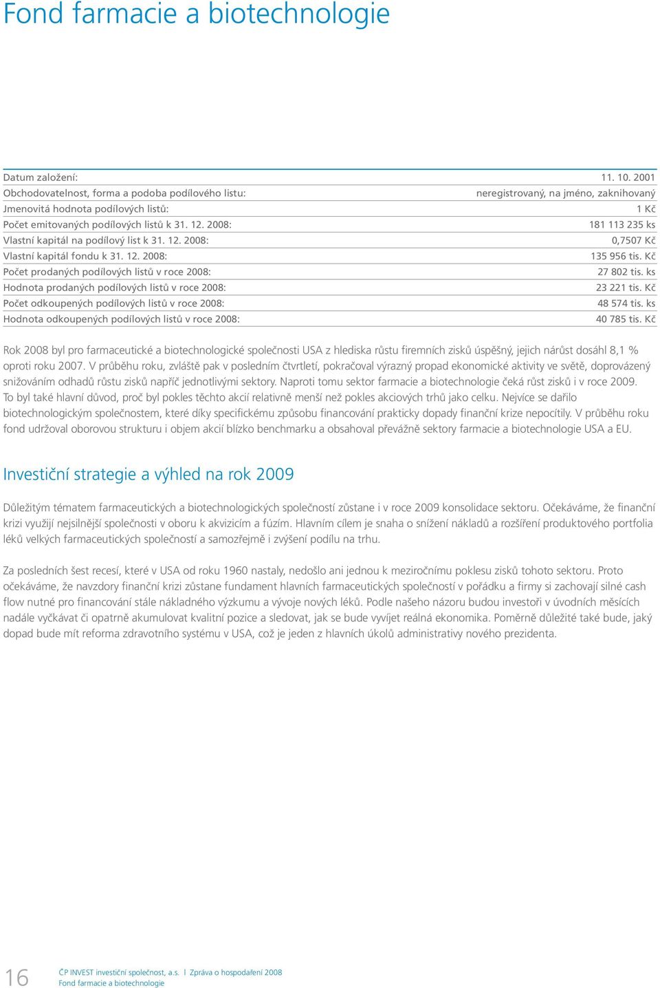 2008: 181 113 235 ks Vlastní kapitál na podílový list k 31. 12. 2008: 0,7507 Kč Vlastní kapitál fondu k 31. 12. 2008: 135 956 Počet prodaných podílových listů v roce 2008: 27 802 tis.