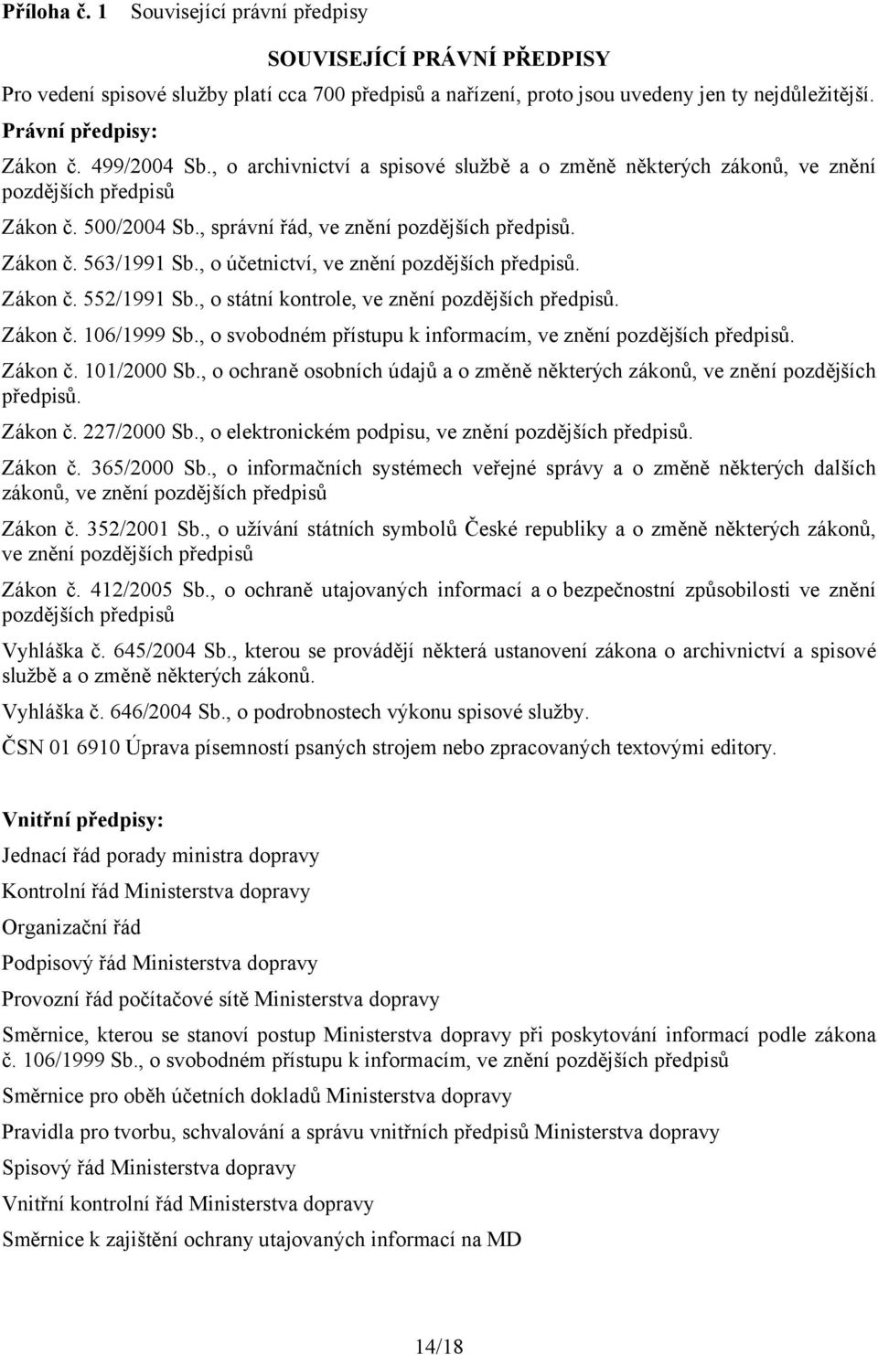 , o účetnictví, ve znění pozdějších předpisů. Zákon č. 552/1991 Sb., o státní kontrole, ve znění pozdějších předpisů. Zákon č. 106/1999 Sb.